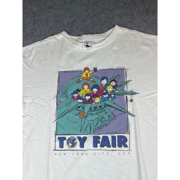 VINTAGE 90s 93rd Toy Fair Shirt Mens XL White Graphic Crewneck Short Sleeve Tee - Picture 2 of 5